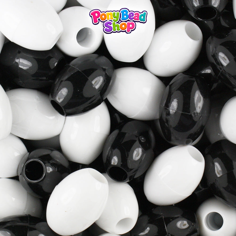 Black & White Opaque 14mm Oval Plastic Pony Beads (200pcs)