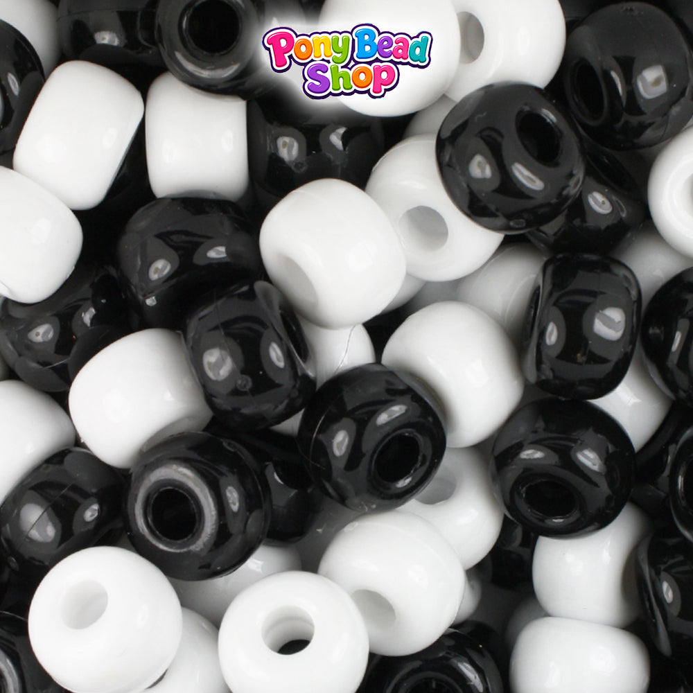 Black & White Opaque 11mm Large Barrel Plastic Pony Beads (250pcs)