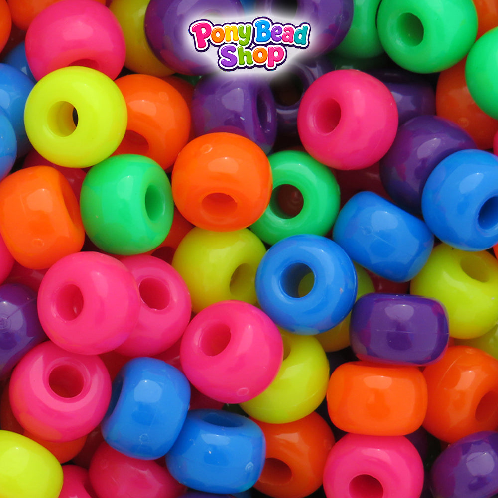 Neon Bright Mix 11mm Large Barrel Plastic Pony Beads (250pcs)