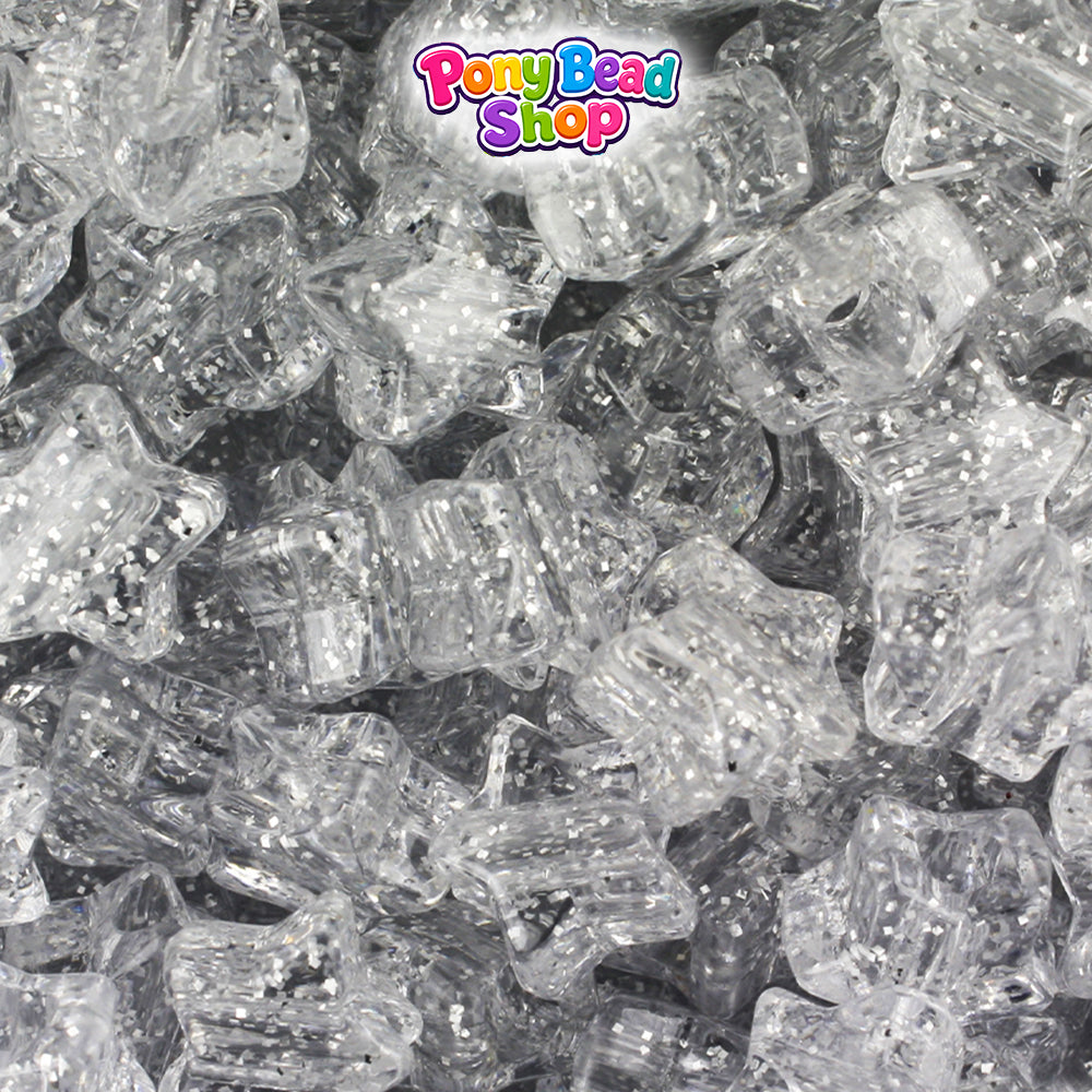 Silver Sparkle 13mm Star Plastic Pony Beads (250pcs)