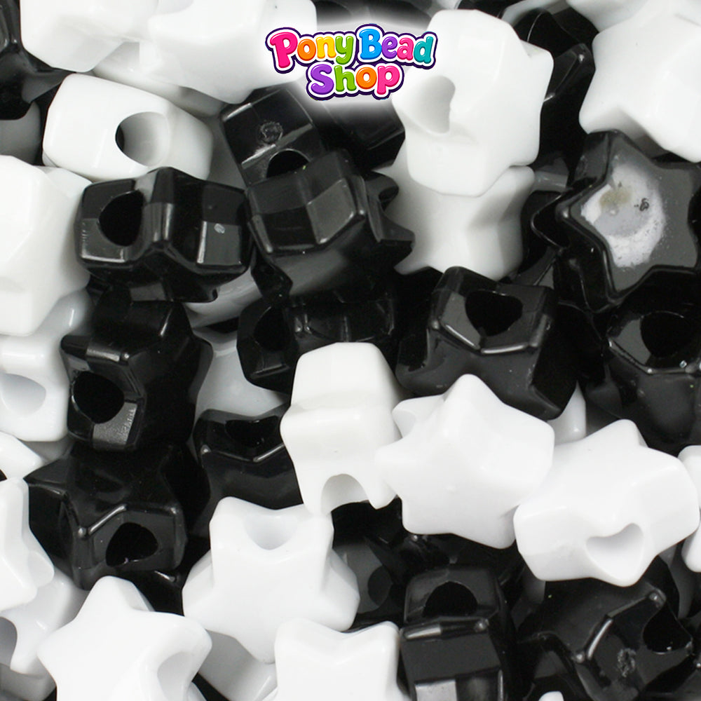 Black & White Opaque Mix 13mm Star Plastic Pony Beads (250pcs)
