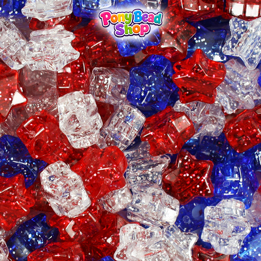 Patriotic Sparkle Mix 13mm Star Plastic Pony Beads (250pcs)