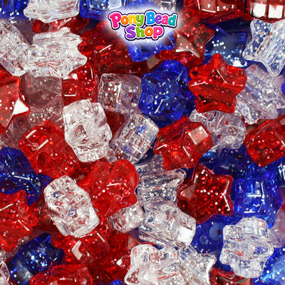 Patriotic Sparkle Mix 13mm Star Plastic Pony Beads (250pcs)