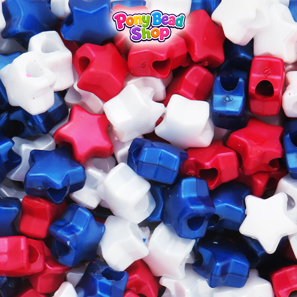 Patriotic Pearl Mix 13mm Star Plastic Pony Beads (250pcs)