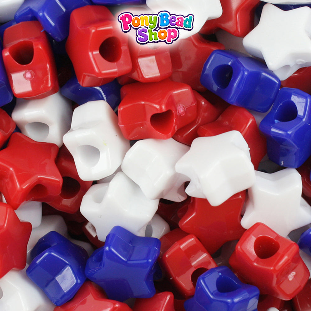 Patriotic Opaque Mix 13mm Star Plastic Pony Beads (250pcs)