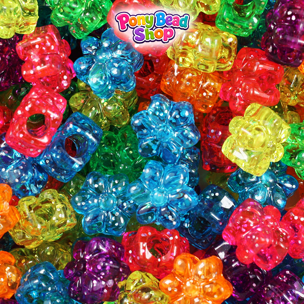 Jelly Sparkle Mix 12mm Flower Plastic Pony Beads (250pcs)