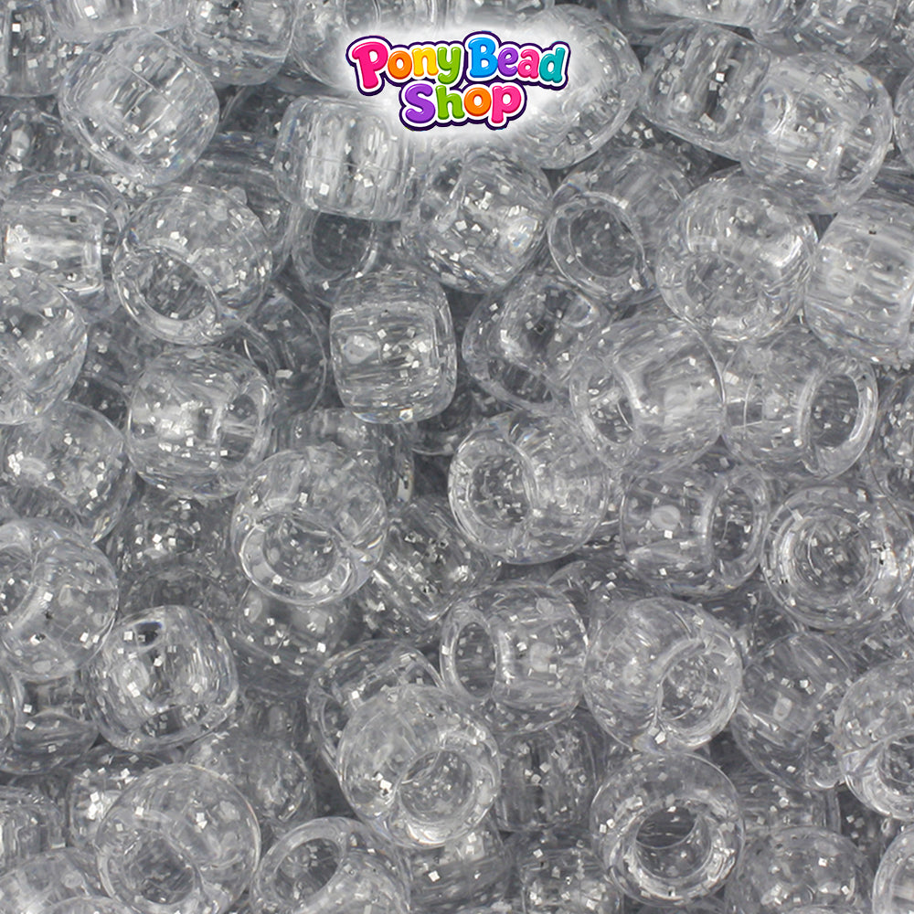 Silver Sparkle 9mm Barrel Plastic Pony Beads (500pcs)