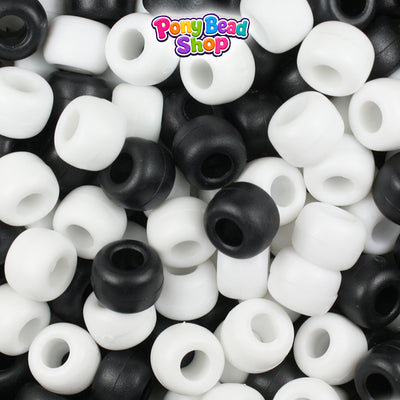 Black & White Matte Mix 9mm Barrel Plastic Pony Beads (500pcs)