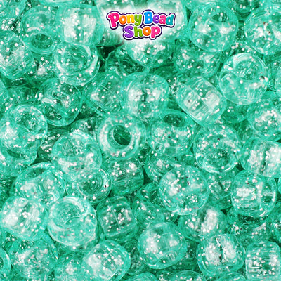 Green Aqua Sparkle 9mm Barrel Plastic Pony Beads (500pcs)