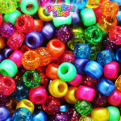Bright Pearl & Sparkle Multi 9mm Barrel Plastic Pony Beads (500pcs)
