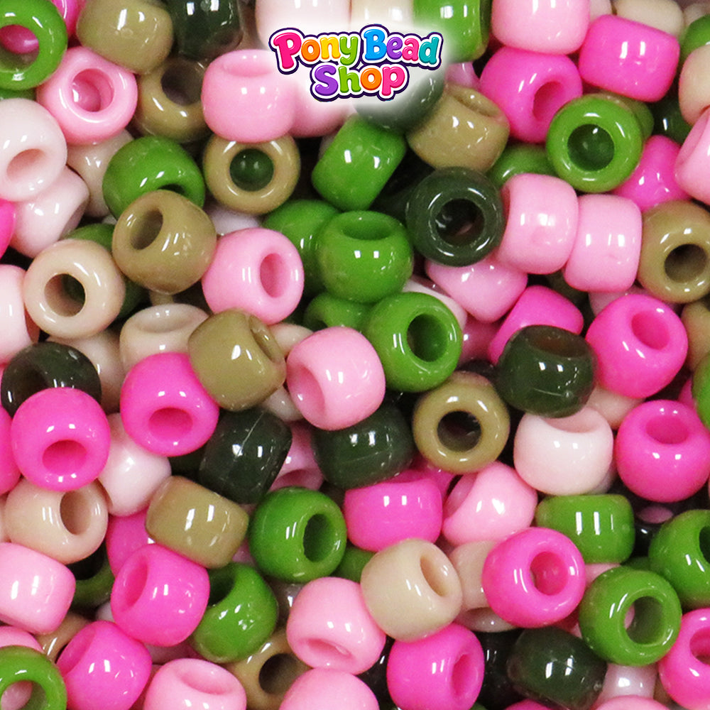 Pink Camouflage Opaque Mix 9mm Barrel Plastic Pony Beads (500pcs)