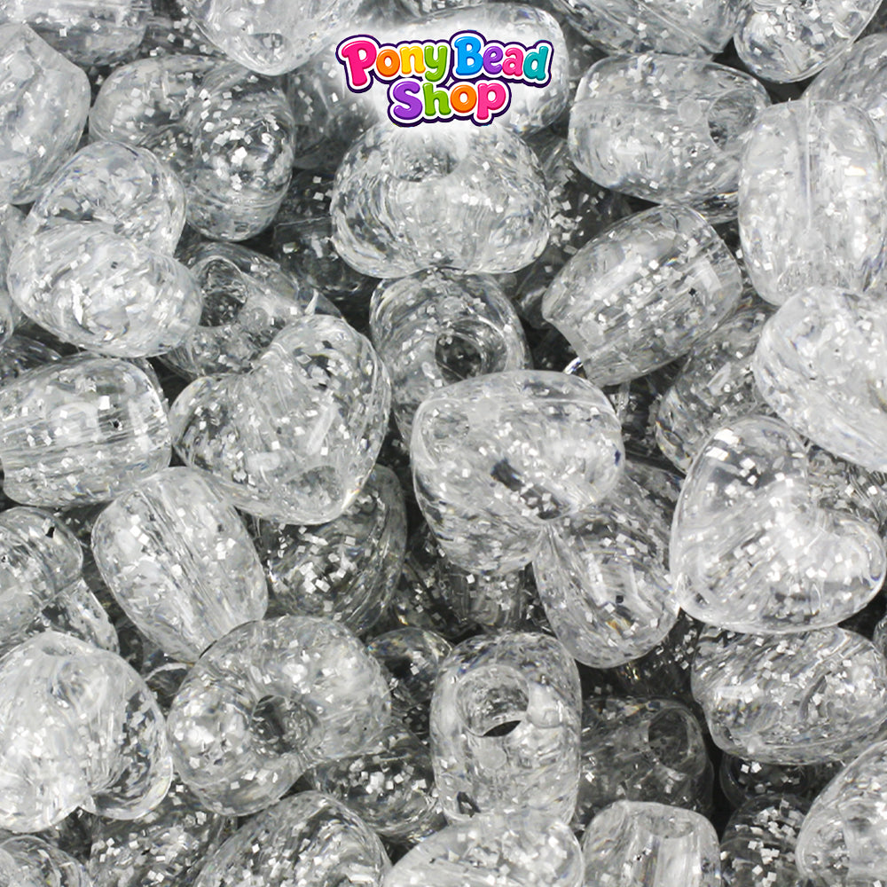 Silver Sparkle 12mm Heart (VH) Plastic Pony Beads (250pcs)