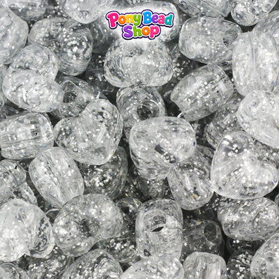 Silver Sparkle 12mm Heart (VH) Plastic Pony Beads (250pcs)