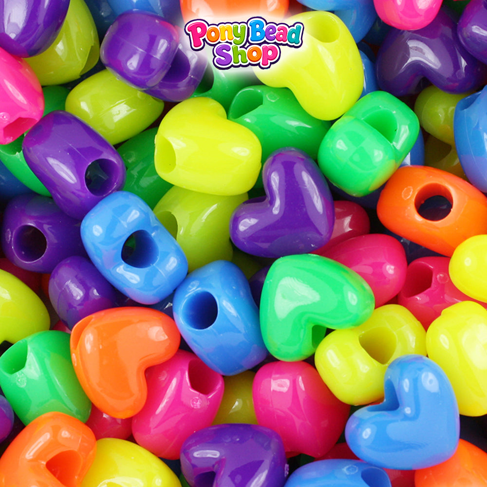 Neon Bright Mix 12mm Heart (VH) Plastic Pony Beads (250pcs)