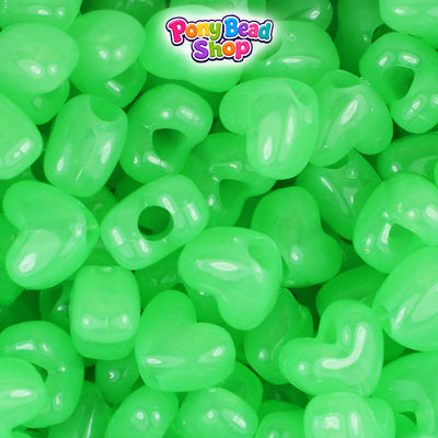 Green Glow 12mm Heart (VH) Plastic Pony Beads (250pcs)