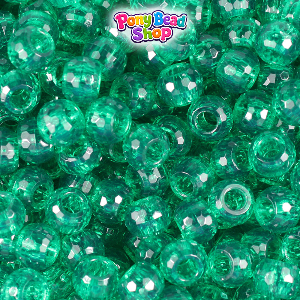 Emerald Transparent 9mm Faceted Barrel Plastic Pony Beads (500pcs)