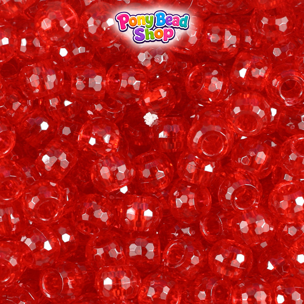 Ruby Transparent 9mm Faceted Barrel Plastic Pony Beads (500pcs)