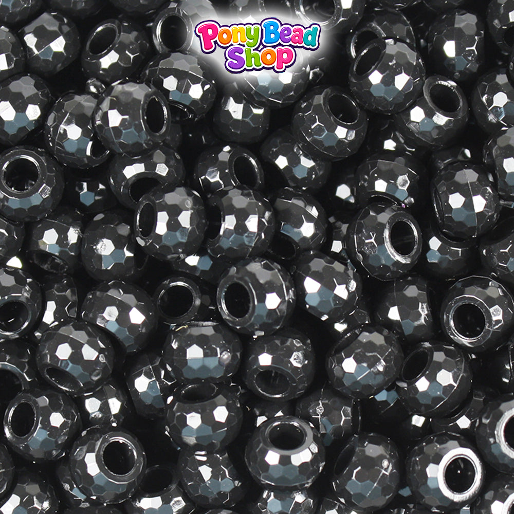 Black Opaque 9mm Faceted Barrel Plastic Pony Beads (500pcs)