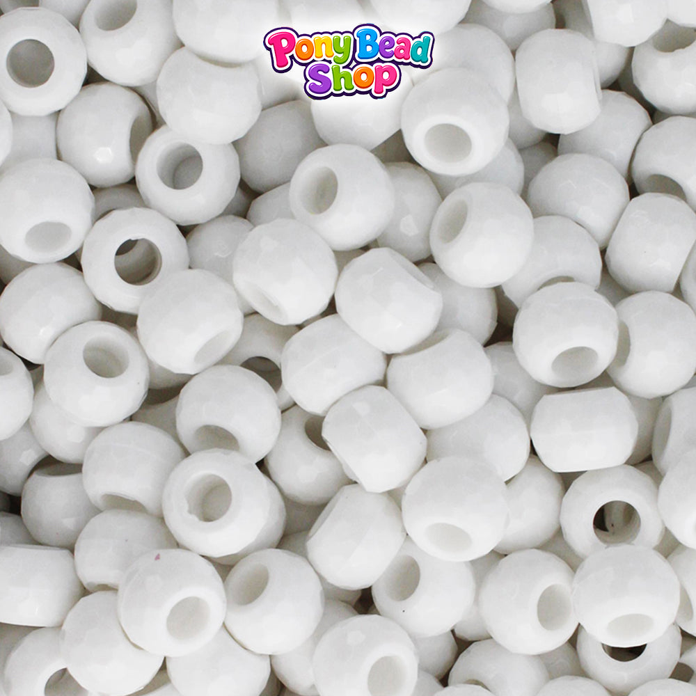 Bright White Opaque 9mm Faceted Barrel Plastic Pony Beads (500pcs)