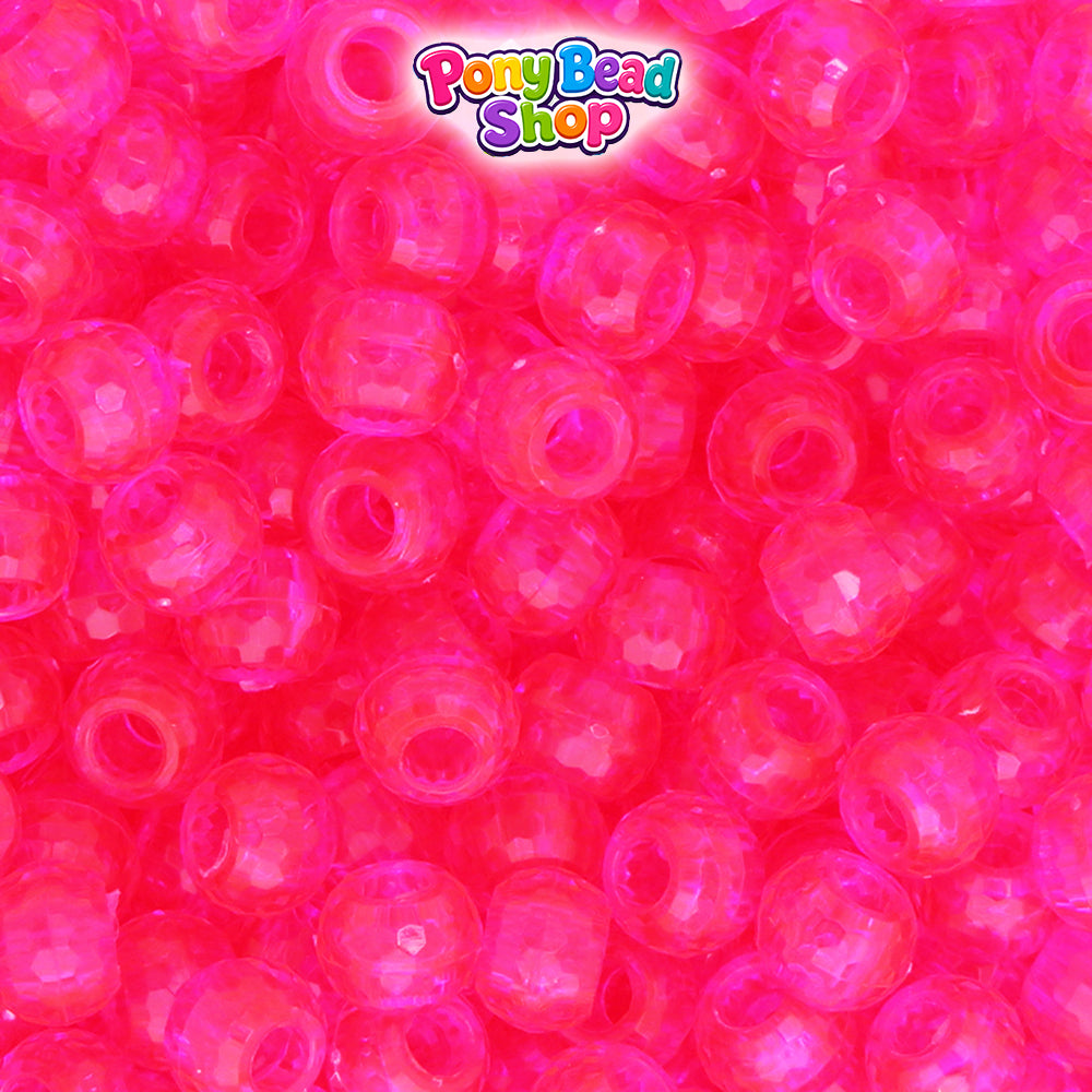 Bright Pink Transparent 9mm Faceted Barrel Plastic Pony Beads (500pcs)