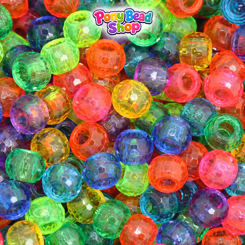 Rainbow Transparent Mix 9mm Faceted Barrel Plastic Pony Beads (500pcs)