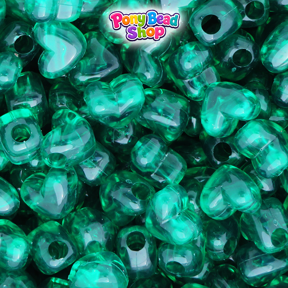 Emerald Transparent 12mm Heart (HH) Plastic Pony Beads (250pcs)