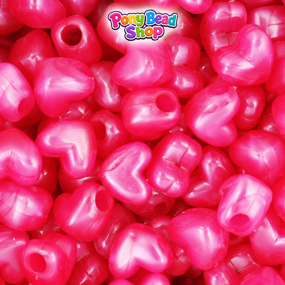 Hot Pink Pearl 12mm Heart (HH) Plastic Pony Beads (250pcs)