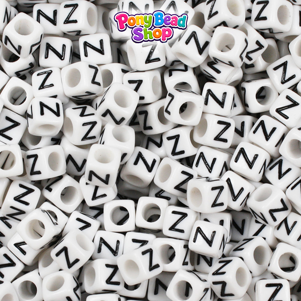 White Opaque 6mm Cube Plastic Alpha Beads - Black Letters (80pcs)