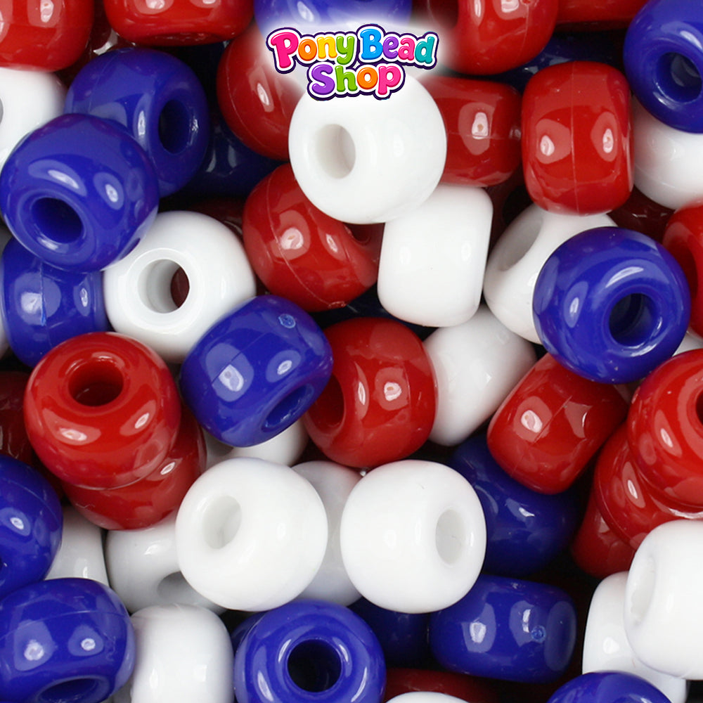Patriotic Opaque Mix 11mm Large Barrel Plastic Pony Beads (250pcs)