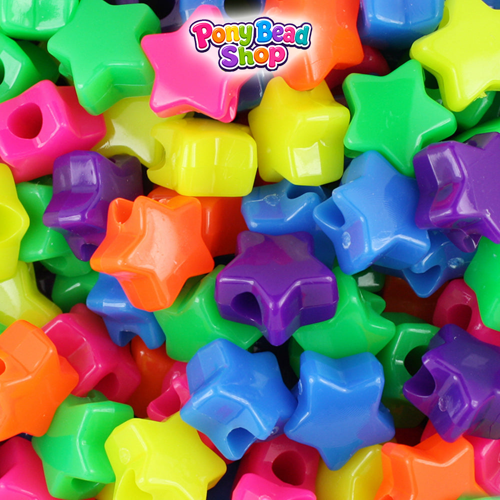 Neon Bright Mix 13mm Star Plastic Pony Beads (250pcs)
