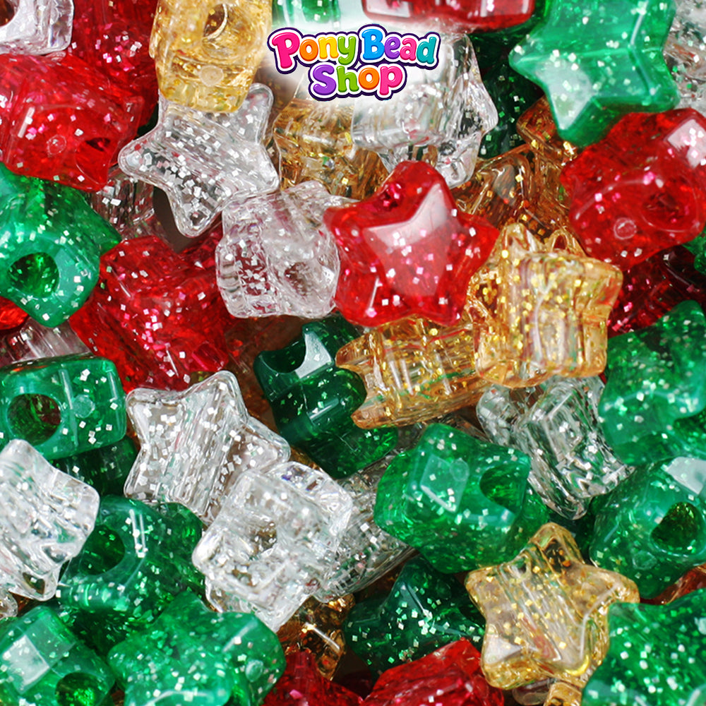 Christmas Sparkle Mix 13mm Star Plastic Pony Beads (250pcs)