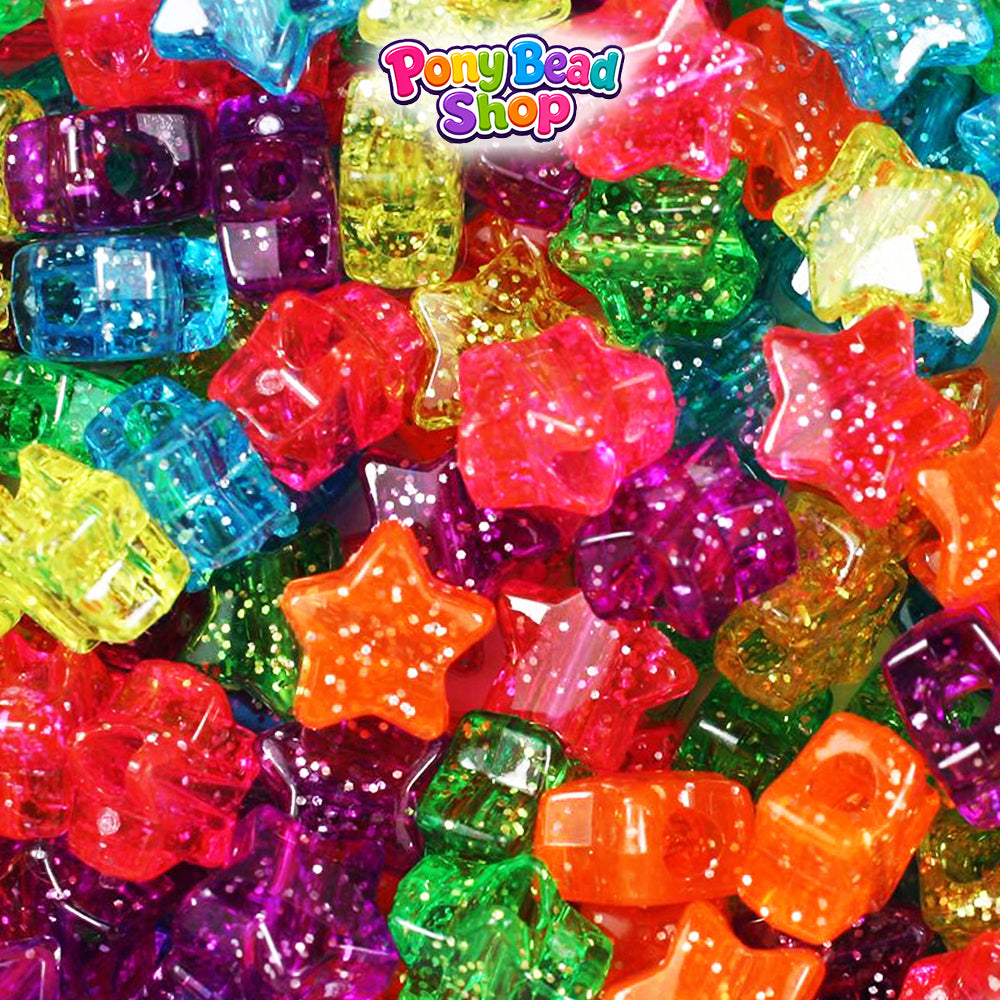 Jelly Sparkle Mix 13mm Star Plastic Pony Beads (250pcs)