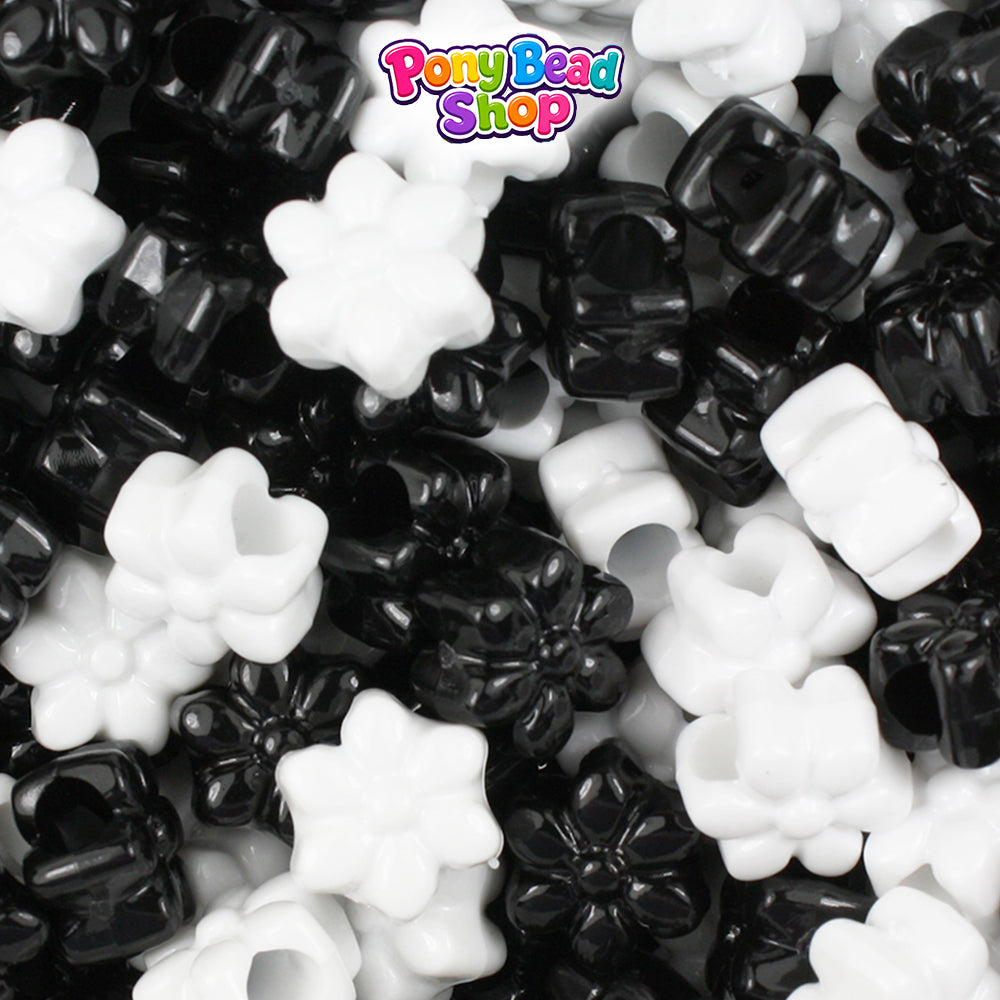 Black & White Opaque 12mm Flower Plastic Pony Beads (250pcs)