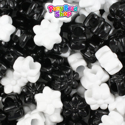 Black & White Opaque 12mm Flower Plastic Pony Beads (250pcs)