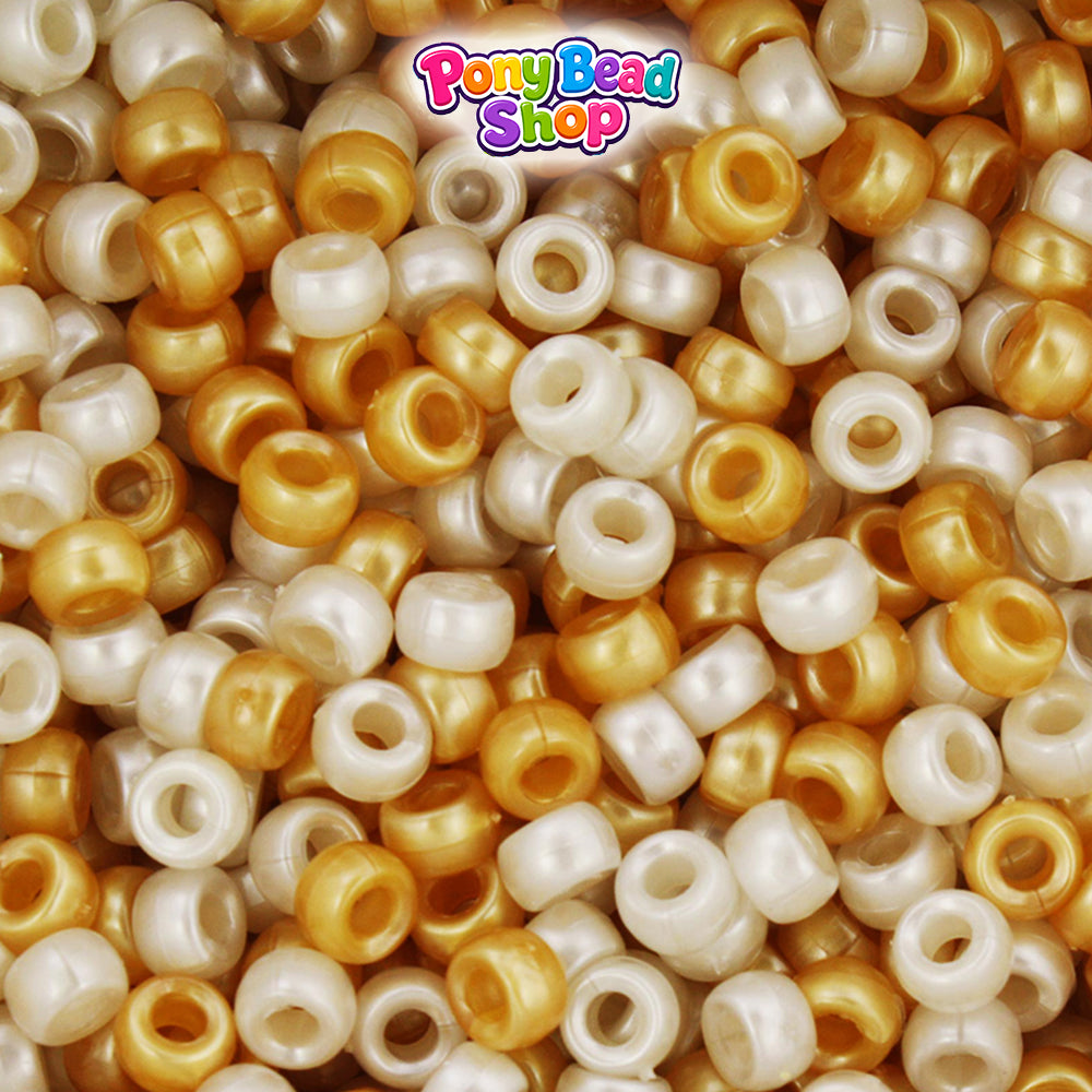 Gold & Bridal Pearl Mix 6.5mm Mini Barrel Plastic Pony Beads (1000pcs)