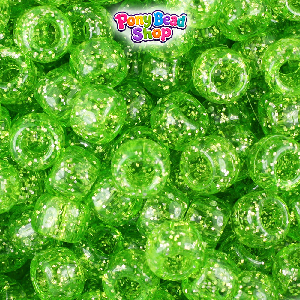 Lime Sparkle 9mm Barrel Plastic Pony Beads (500pcs)