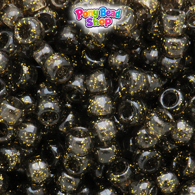 Jet Gold Sparkle 9mm Barrel Plastic Pony Beads (500pcs)
