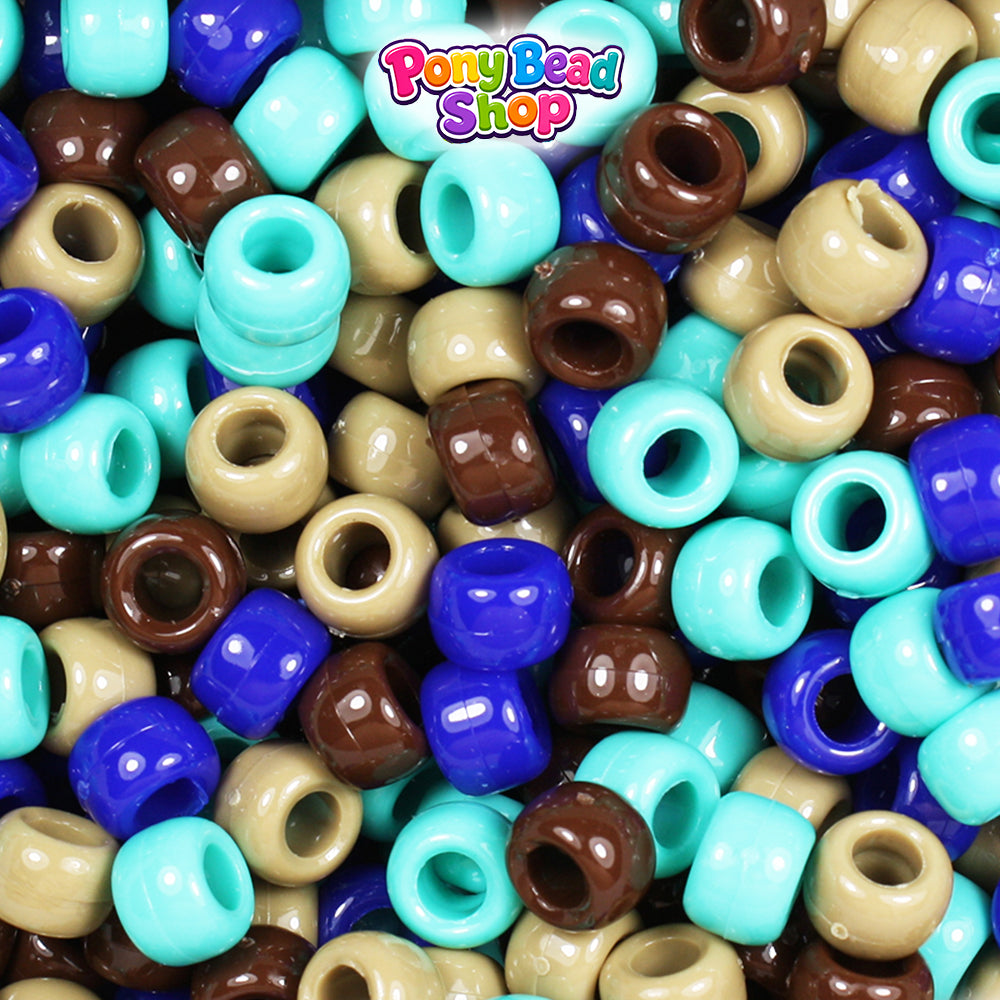 Blue & Tan Opaque Mix 9mm Barrel Plastic Pony Beads (500pcs)