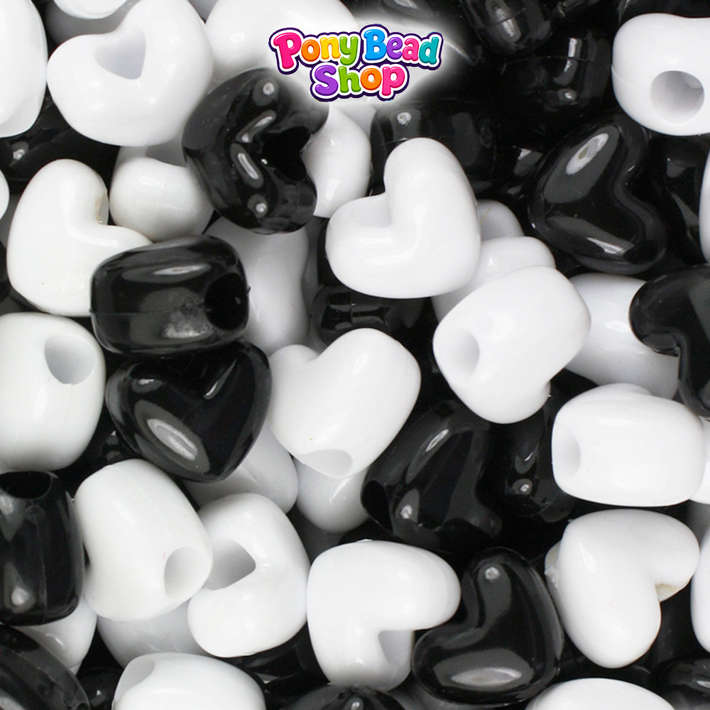 Black & White Opaque Mix 12mm Heart (VH) Plastic Pony Beads (250pcs)