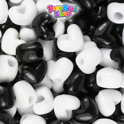 Black & White Opaque Mix 12mm Heart (VH) Plastic Pony Beads (250pcs)