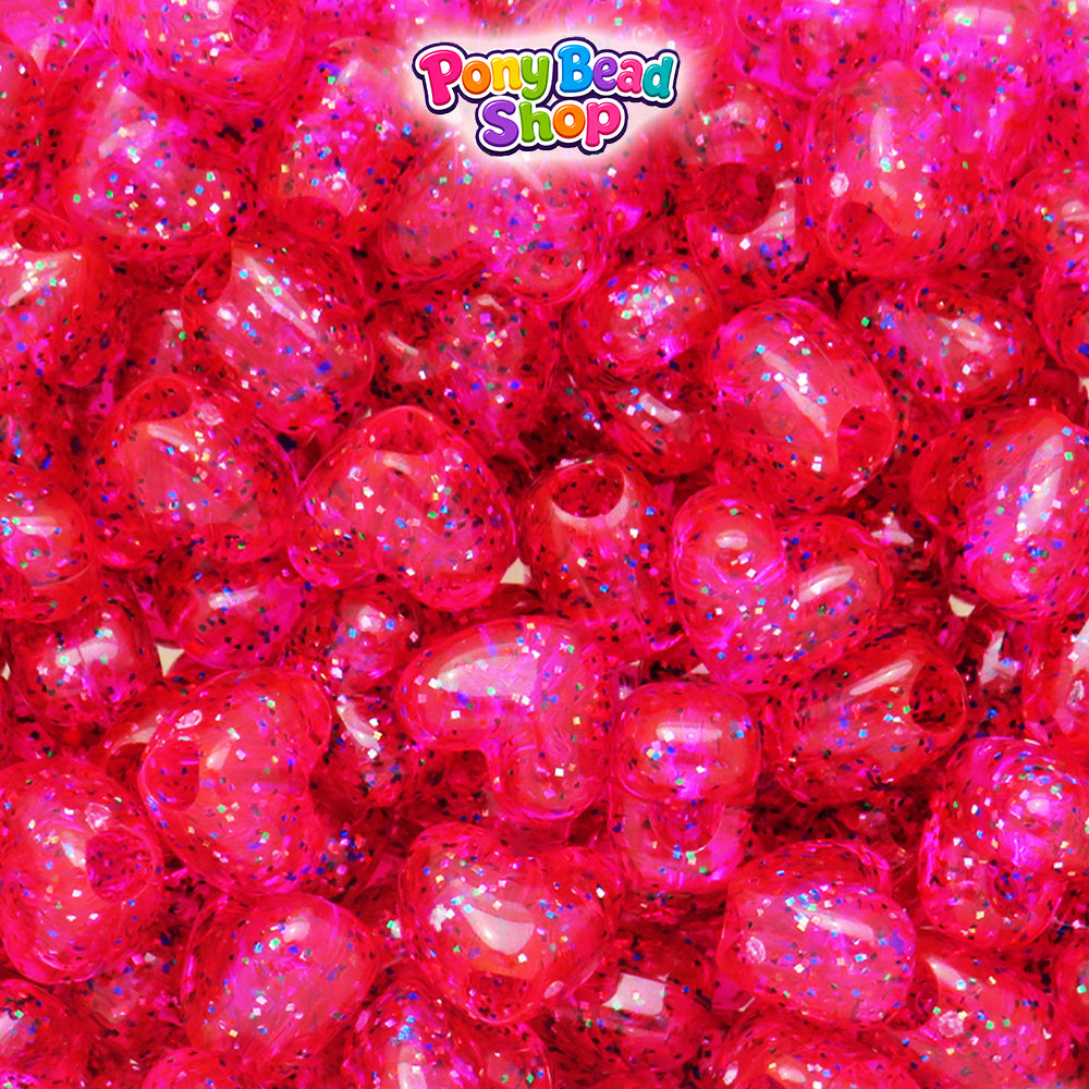 Bright Pink Rainbow Sparkle 12mm Heart (VH) Plastic Pony Beads (250pcs)