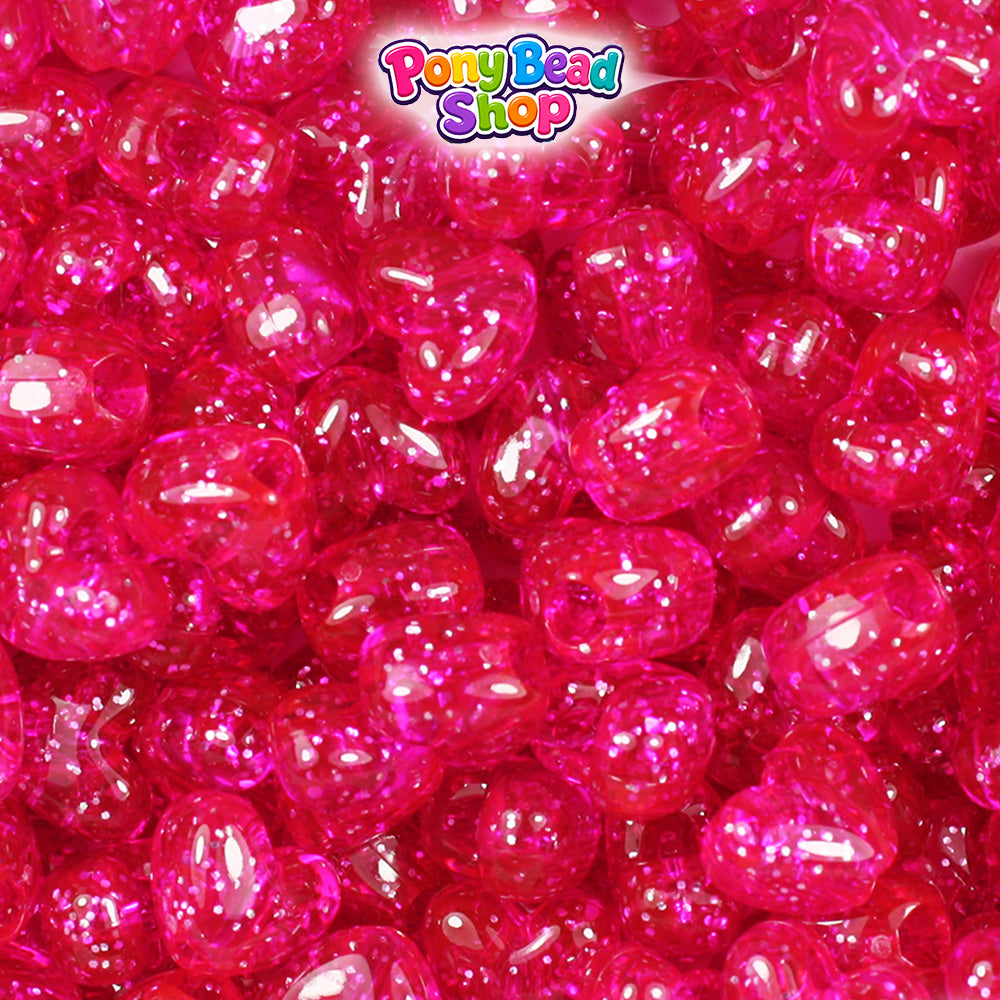 Bright Pink Sparkle 12mm Heart (VH) Plastic Pony Beads (250pcs)