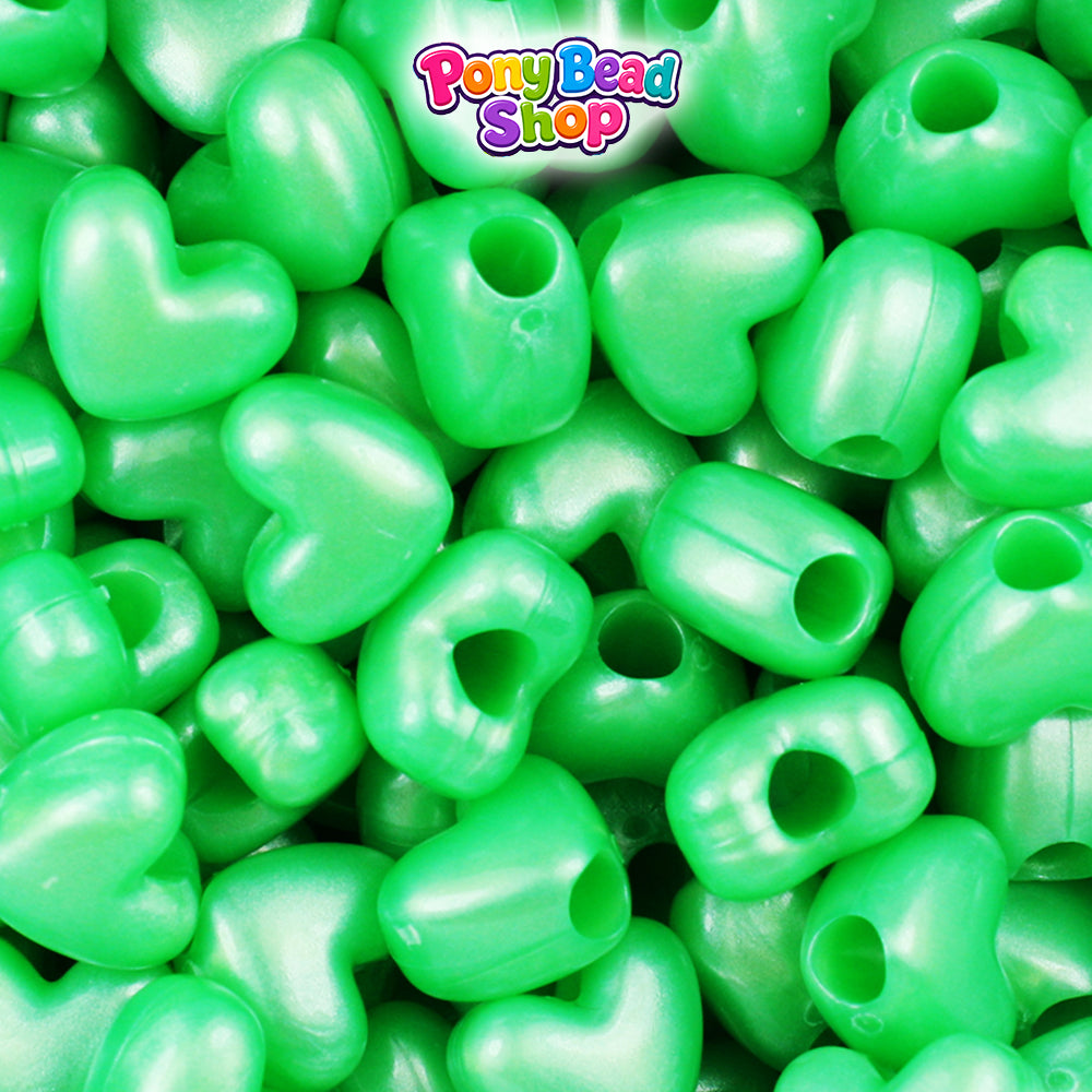 Bright Green Pearl 12mm Heart (VH) Plastic Pony Beads (250pcs)