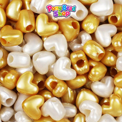 Gold & Bridal Pearl Mix 12mm Heart (VH) Plastic Pony Beads (250pcs)