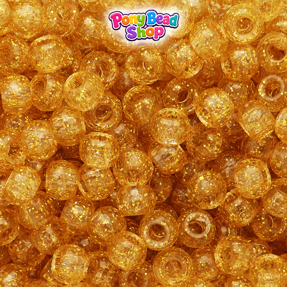 Gold Sparkle 9mm Faceted Barrel Plastic Pony Beads (500pcs)