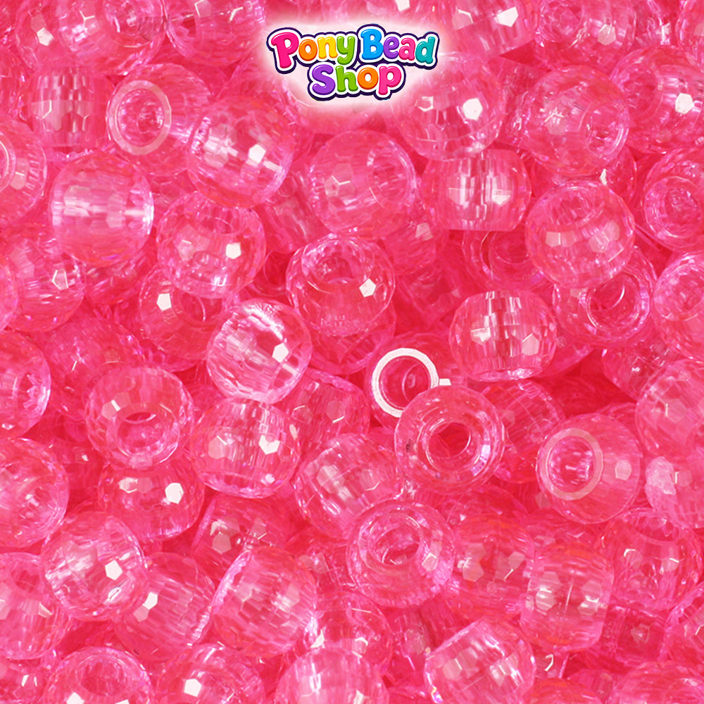 Pink Transparent 9mm Faceted Barrel Plastic Pony Beads (500pcs)