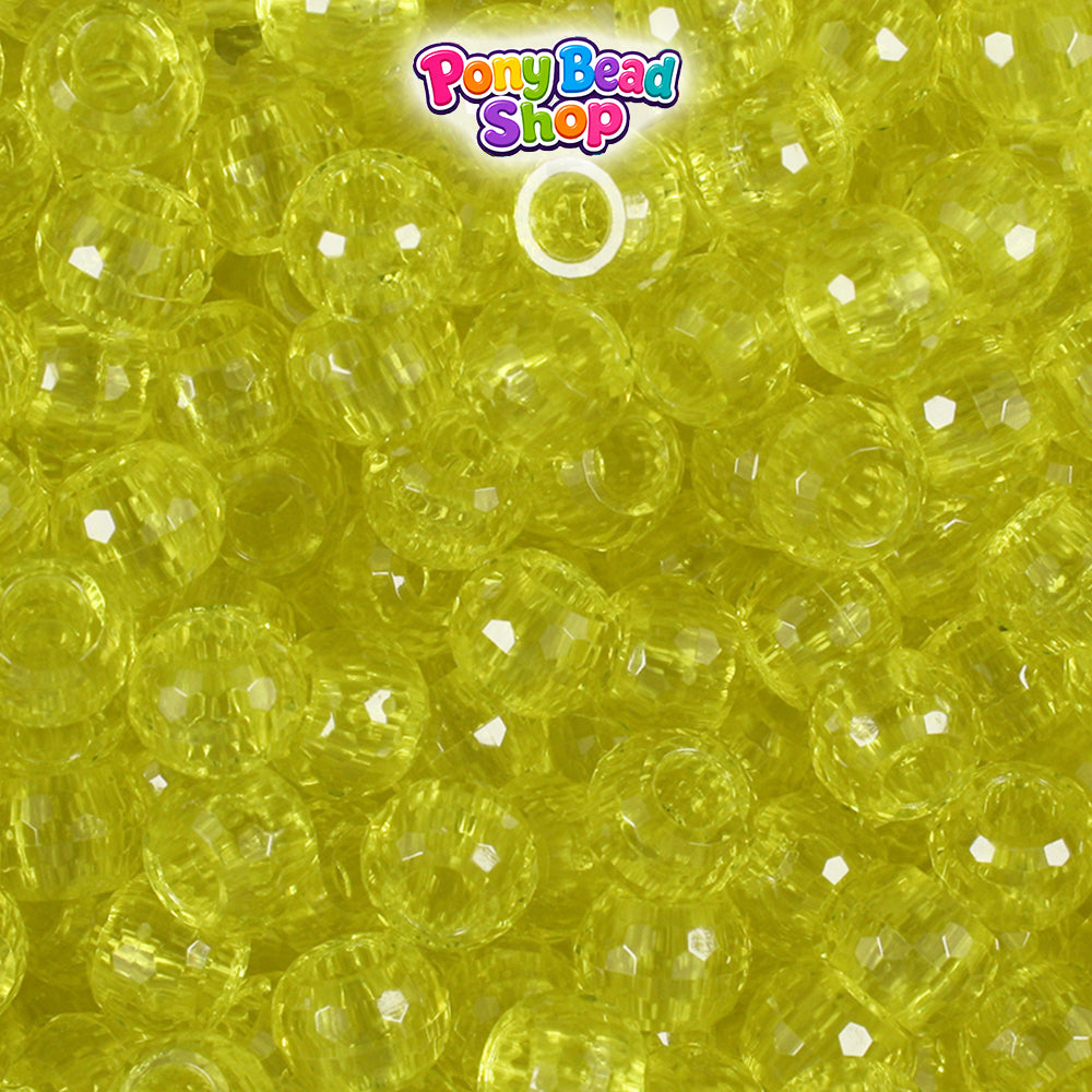 Yellow Transparent 9mm Faceted Barrel Plastic Pony Beads (500pcs)