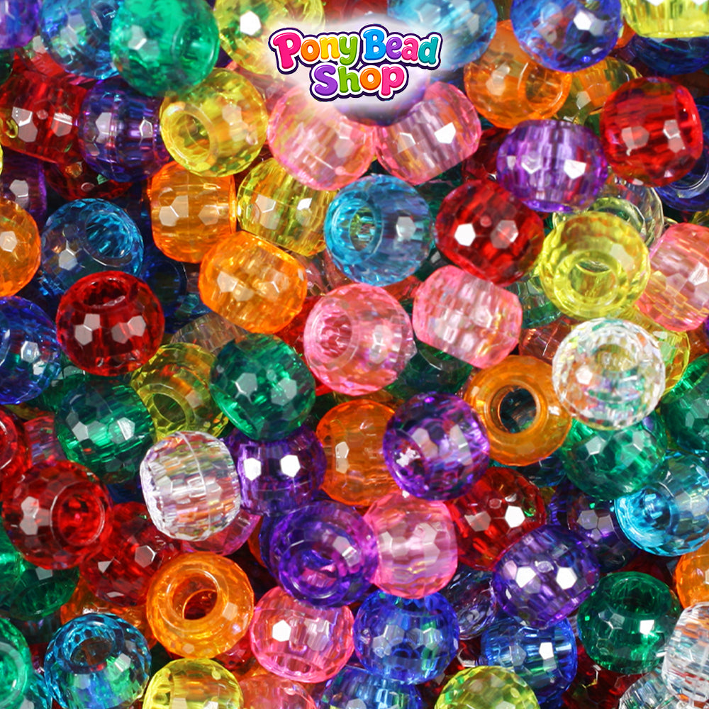 Transparent Mix 9mm Faceted Barrel Plastic Pony Beads (500pcs)