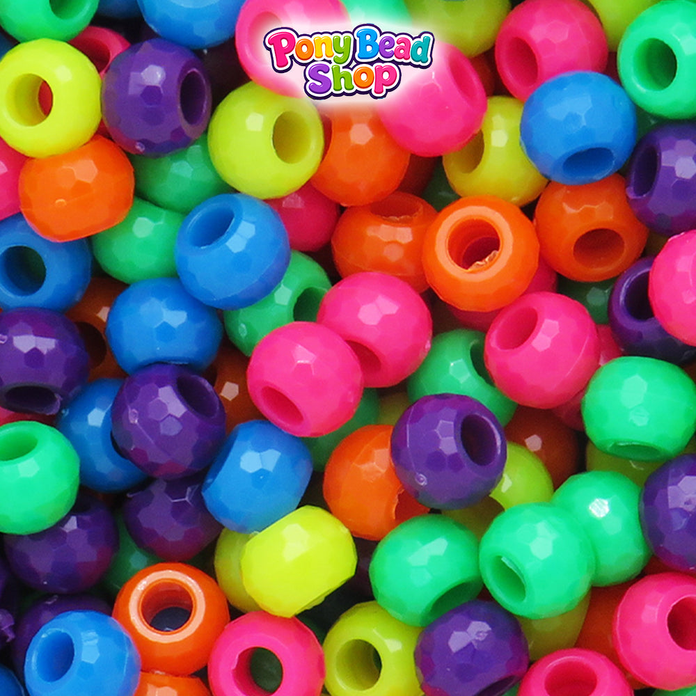 Neon Bright Mix 9mm Faceted Barrel Plastic Pony Beads (500pcs)