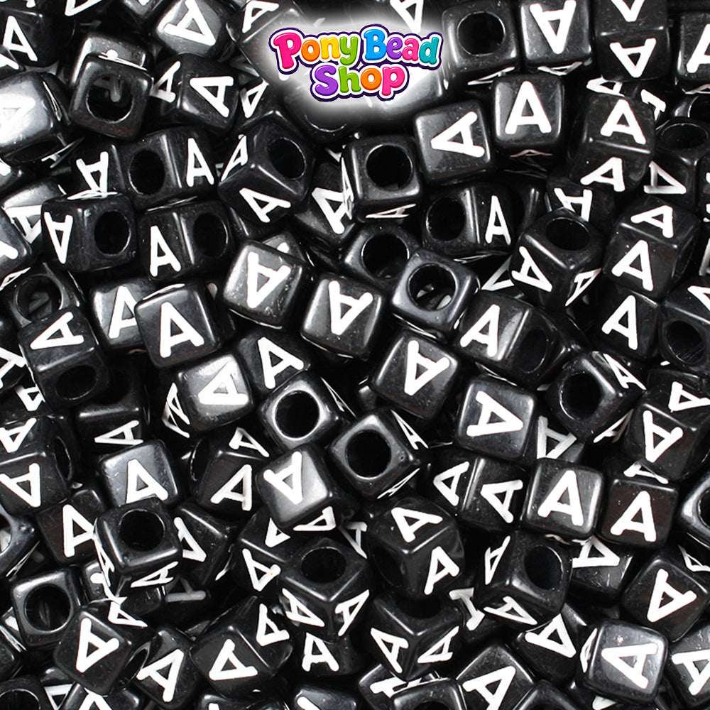 Black Opaque 6mm Cube Plastic Alpha Beads - White Letters (80pcs)